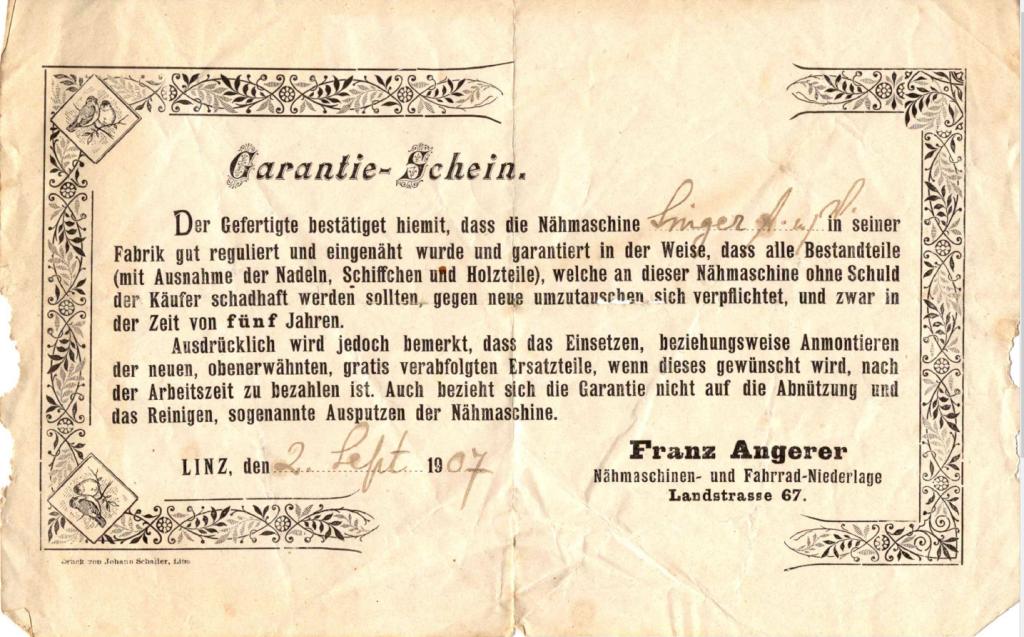 Garantieschein Nähmaschine aus dem Jahr 1907