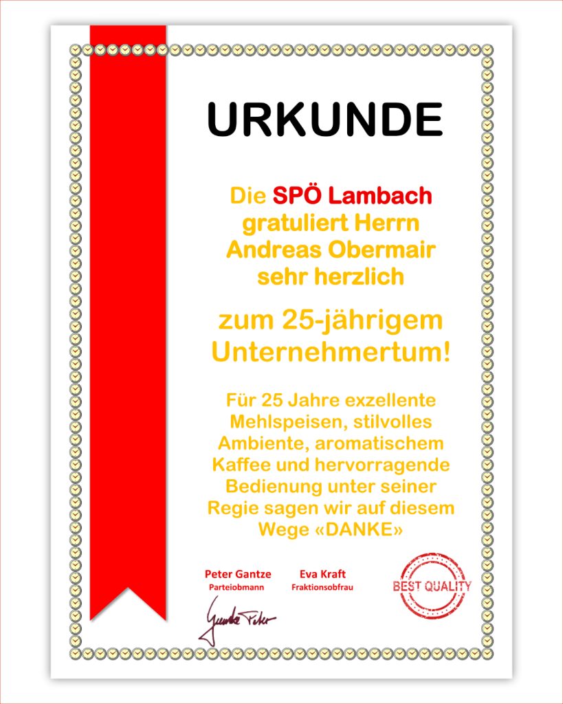 Urkunde für Herrn Obermair